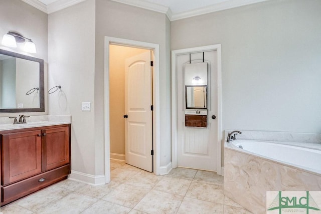 full bath featuring crown molding, vanity, and a garden tub