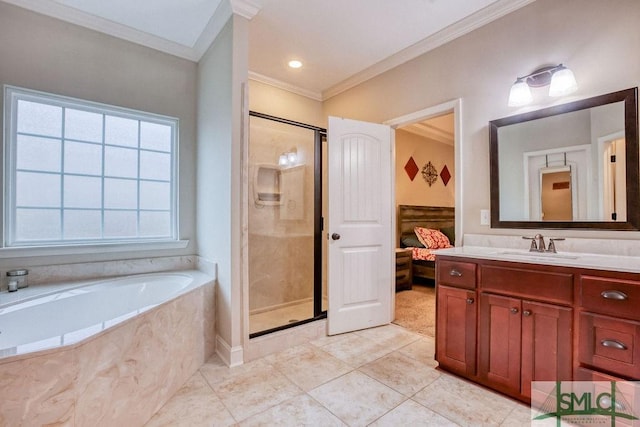 ensuite bathroom featuring crown molding, a stall shower, vanity, a bath, and tile patterned flooring