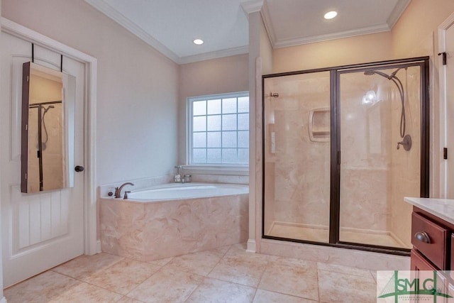 full bathroom with crown molding, a stall shower, a bath, and vanity