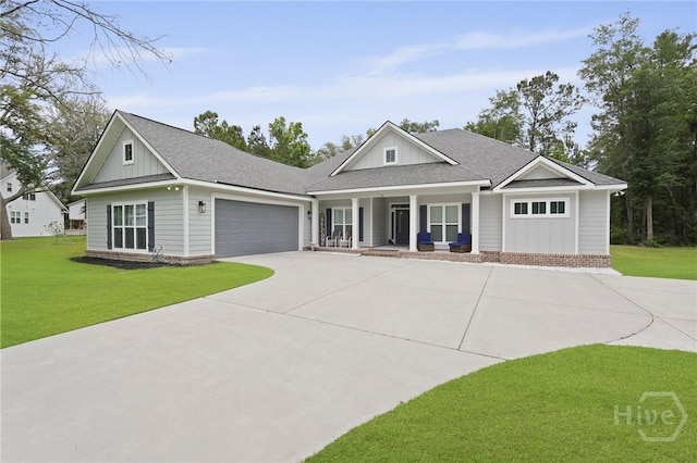 view of front facade featuring covered porch, board and batten siding, a garage, concrete driveway, and a front lawn