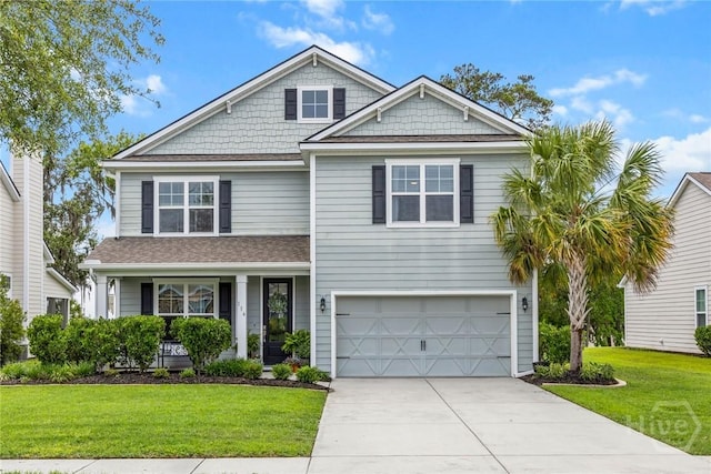 view of front of house featuring driveway, a garage, covered porch, a front lawn, and a shingled roof