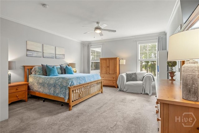 carpeted bedroom with crown molding, multiple windows, and ceiling fan