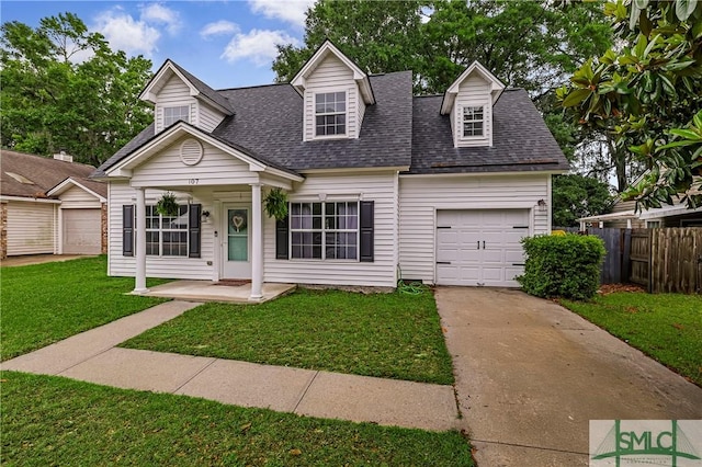 cape cod home with roof with shingles, driveway, an attached garage, and a porch