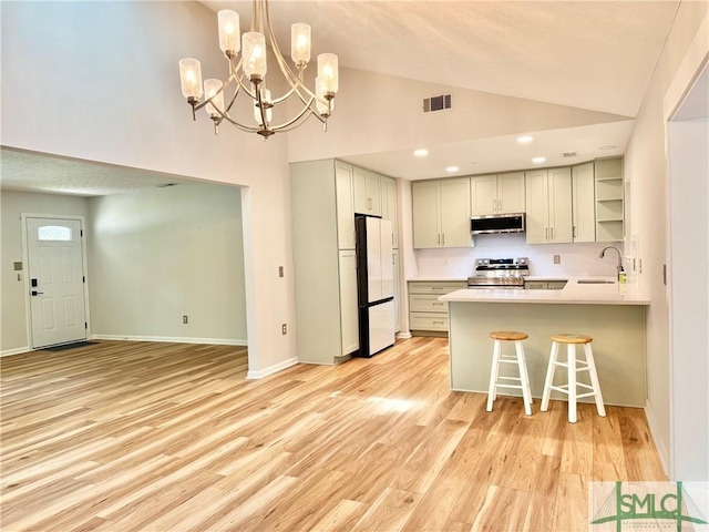 932 Millstream Ct, Savannah, GA 31419 - kitchen featuring stainless steel appliances, open shelves, a sink, light wood-style floors, and a kitchen bar