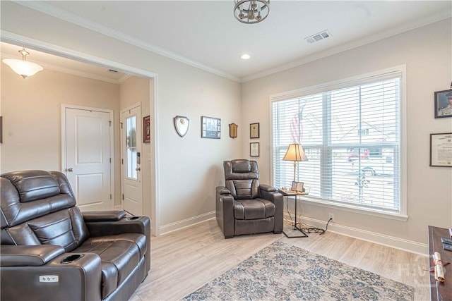 137 Harvest Hl, Pooler, GA 31322 - living area with light wood-type flooring, baseboards, crown molding, recessed lighting, and a chandelier