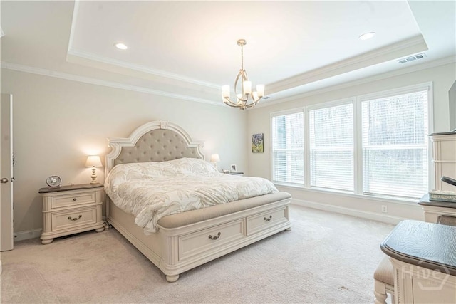 137 Harvest Hl, Pooler, GA 31322 - bedroom with a tray ceiling, light colored carpet, crown molding, a chandelier, and multiple windows