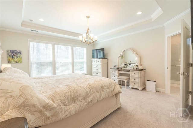 137 Harvest Hl, Pooler, GA 31322 - bedroom with a raised ceiling, crown molding, a chandelier, light colored carpet, and recessed lighting