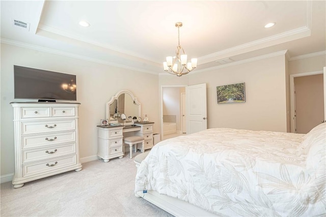 137 Harvest Hl, Pooler, GA 31322 - bedroom featuring a tray ceiling, light colored carpet, crown molding, a chandelier, and recessed lighting