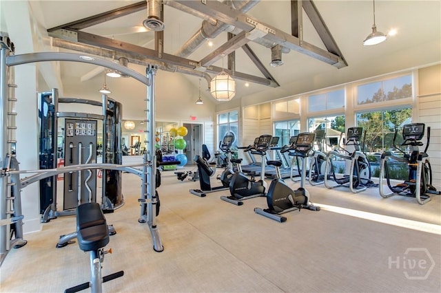 137 Harvest Hl, Pooler, GA 31322 - gym with high vaulted ceiling, beamed ceiling, and carpet floors