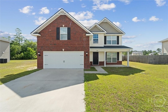 1107 Creekside Cir, Hinesville, GA 31313 - view of front of home featuring brick siding, a garage, driveway, covered porch, and central air condition unit