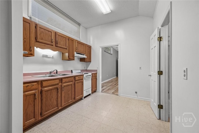 2402 Easy St, Savannah, GA 31406 - kitchen with white electric range oven, under cabinet range hood, a sink, brown cabinetry, and vaulted ceiling