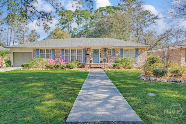 2014 Colonial Dr, Savannah, GA 31406 - ranch-style house featuring a garage, a chimney, a front lawn, a porch, and brick siding