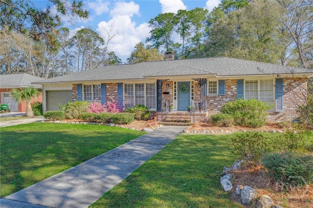 2014 Colonial Dr, Savannah, GA 31406 - ranch-style house featuring an attached garage, brick siding, a front yard, and a chimney