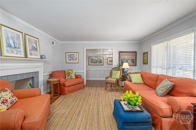 2014 Colonial Dr, Savannah, GA 31406 - living room with crown molding, wood finished floors, baseboards, and a brick fireplace