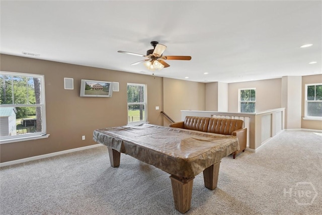 525 Elkins Cemetery Rd, Guyton, GA 31312 - recreation room with light colored carpet, pool table, a ceiling fan, baseboards, and recessed lighting