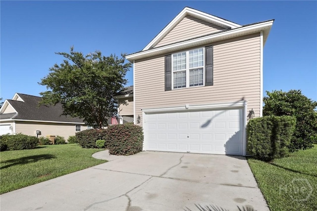 traditional-style home with concrete driveway, an attached garage, and a front lawn