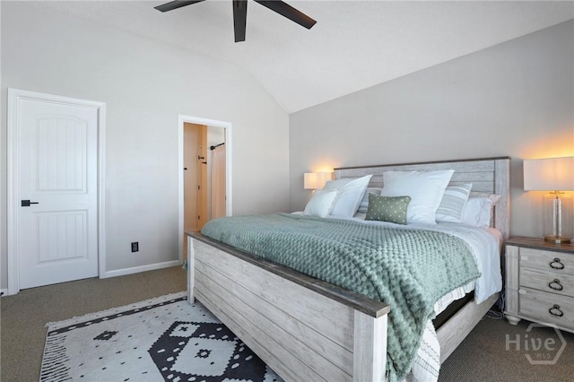 bedroom with vaulted ceiling, carpet, a ceiling fan, and baseboards