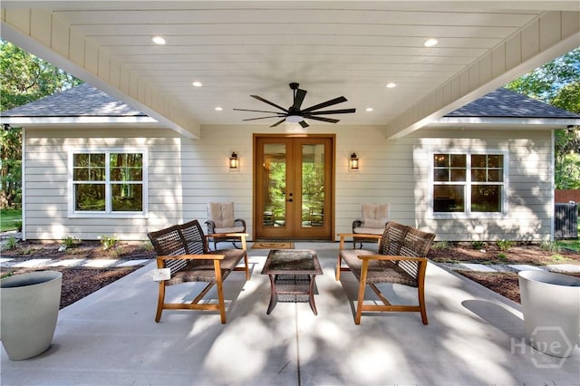 view of patio featuring french doors, outdoor lounge area, and ceiling fan