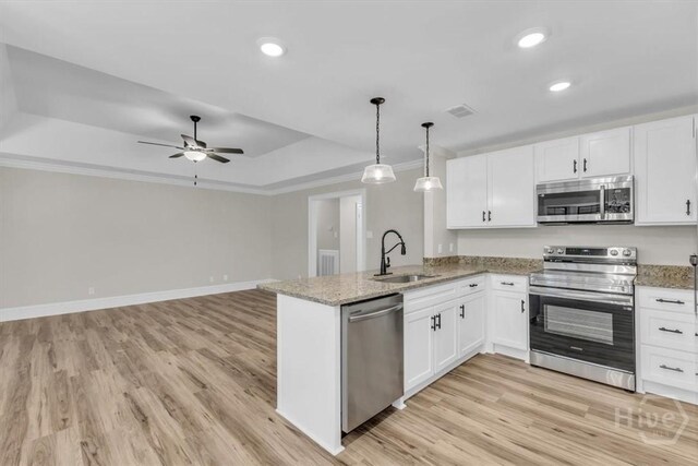 kitchen featuring appliances with stainless steel finishes, a sink, a raised ceiling, a peninsula, and white cabinetry
