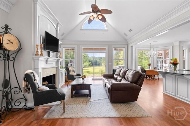 784 Ebenezer Rd, Rincon, GA 31326 - living room with healthy amount of natural light, light wood-type flooring, a fireplace, a chandelier, and high vaulted ceiling