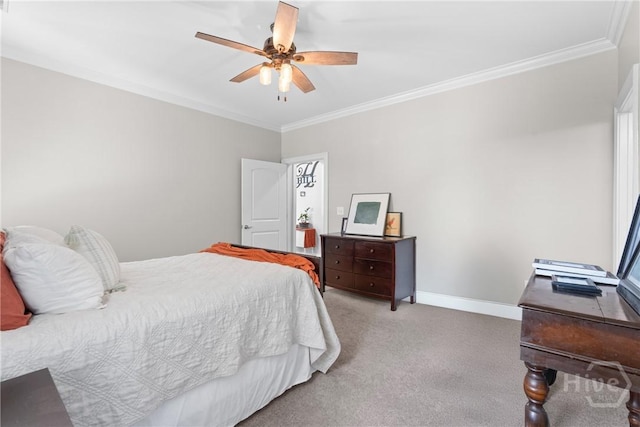 784 Ebenezer Rd, Rincon, GA 31326 - bedroom featuring light carpet, ornamental molding, baseboards, and a ceiling fan