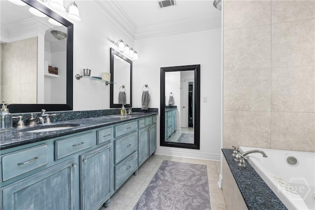 784 Ebenezer Rd, Rincon, GA 31326 - bathroom featuring ornamental molding, a tub to relax in, double vanity, tile patterned flooring, and baseboards