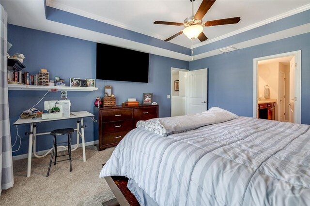 417 Keiffer Dr, Rincon, GA 31326 - carpeted bedroom with ornamental molding, a raised ceiling, baseboards, and a ceiling fan