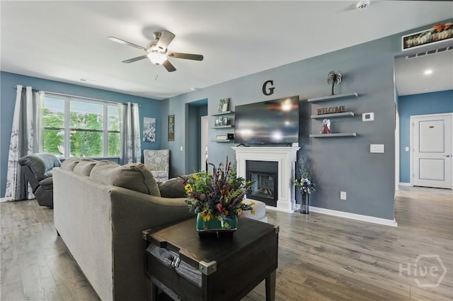 203 Merganser Dr, Pooler, GA 31322 - living room with ceiling fan, wood finished floors, baseboards, and a glass covered fireplace