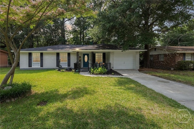 5633 Lafitte Dr, Savannah, GA 31406 - ranch-style home featuring brick siding, driveway, a garage, a front lawn, and a porch