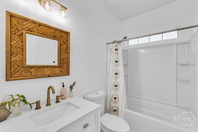 full bath featuring toilet, vanity, and shower / bath combination with curtain