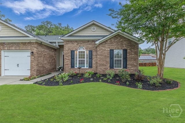 view of front of house with a front lawn, brick siding, a garage, and concrete driveway