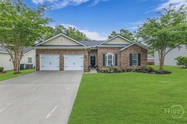 ranch-style house with a garage, a front lawn, concrete driveway, and brick siding