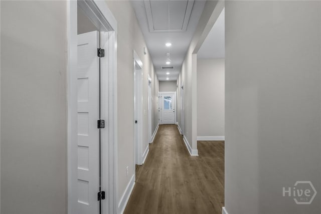 17 Nelson St, Savannah, GA 31415 - hallway featuring attic access, baseboards, wood finished floors, and recessed lighting