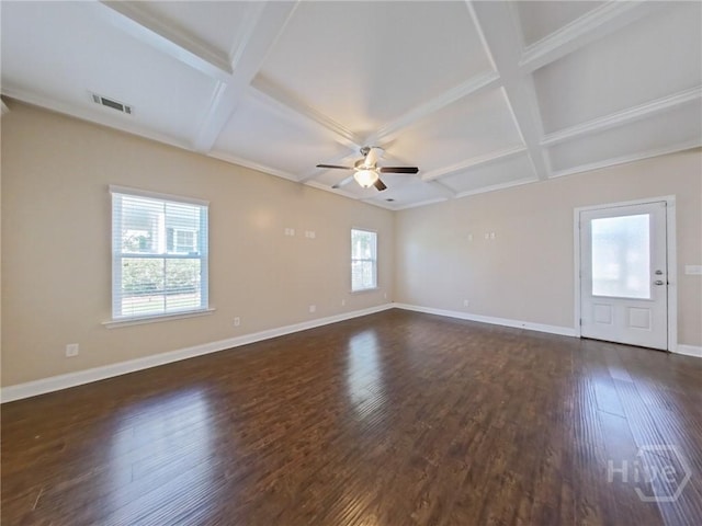 225 James Dunham Pkwy, Richmond Hill, GA 31324 - empty room featuring coffered ceiling, a ceiling fan, baseboards, dark wood finished floors, and beamed ceiling
