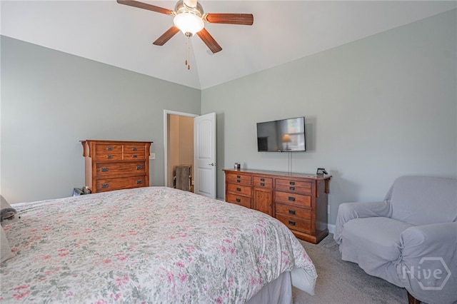 bedroom featuring light carpet, high vaulted ceiling, and ceiling fan