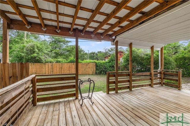 wooden deck with a fenced backyard