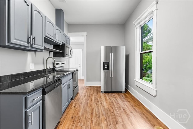 523 E 39th St, Savannah, GA 31401 - kitchen with appliances with stainless steel finishes, gray cabinetry, a sink, light wood-style flooring, and baseboards