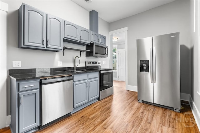 523 E 39th St, Savannah, GA 31401 - kitchen with stainless steel appliances, a sink, gray cabinetry, light wood-style flooring, and baseboards