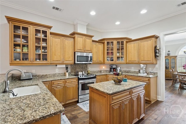 kitchen with appliances with stainless steel finishes, a sink, light stone countertops, dark wood-type flooring, and glass insert cabinets