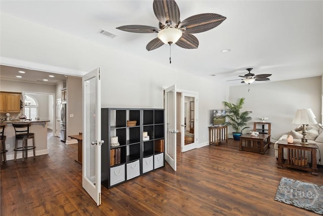 living area with french doors, ceiling fan, dark wood-style flooring, baseboards, and recessed lighting