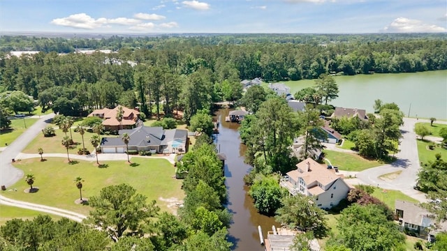 aerial perspective of suburban area with a large body of water and a heavily wooded area
