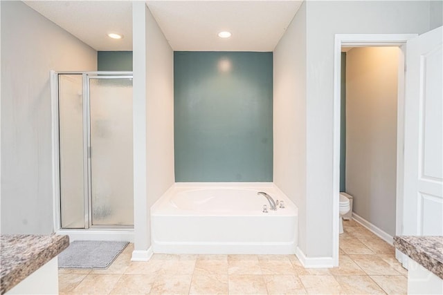 full bath featuring a shower stall, a bath, toilet, and baseboards