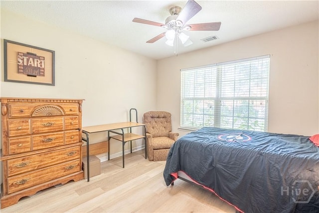bedroom featuring light wood-type flooring, ceiling fan, and baseboards