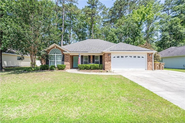 ranch-style home featuring a garage, brick siding, concrete driveway, and a front lawn