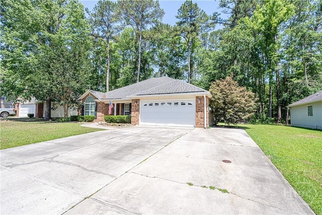 ranch-style house with a front lawn, an attached garage, driveway, and brick siding