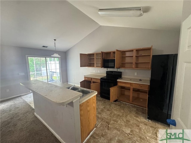 5 Hamilton Grove Dr, Pooler, GA 31322 - kitchen featuring open shelves, black appliances, vaulted ceiling, light countertops, and a sink