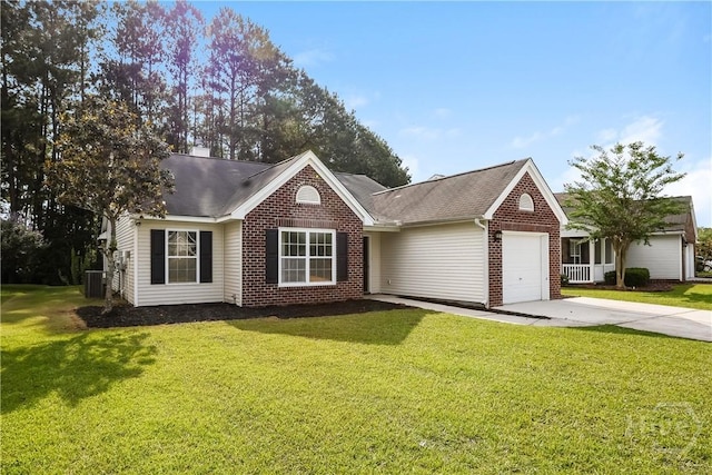 5 Hamilton Grove Dr, Pooler, GA 31322 - single story home with concrete driveway, an attached garage, brick siding, cooling unit, and a front lawn