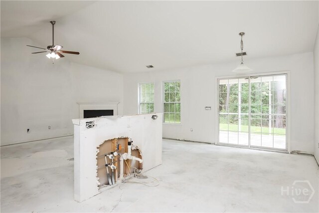5 Hamilton Grove Dr, Pooler, GA 31322 - living room featuring concrete floors, lofted ceiling, ceiling fan, and a fireplace