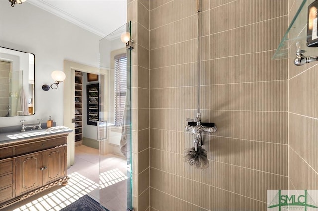 102 E 38th St, Savannah, GA 31401 - full bathroom featuring crown molding, a stall shower, vanity, and tile patterned floors