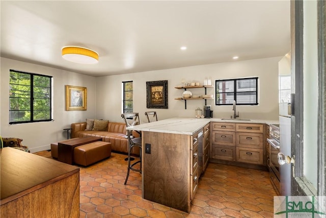 102 E 38th St, Savannah, GA 31401 - kitchen with a sink, open floor plan, a kitchen breakfast bar, high end range, and a peninsula